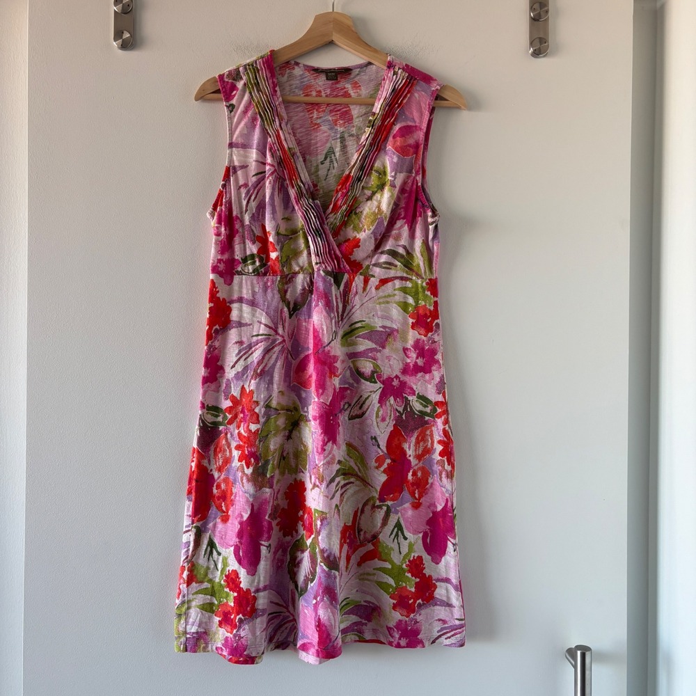 Tommy Bahama Pink Floral Cotton Slub Sleeveless V-Neck Pleated Trim Dress M